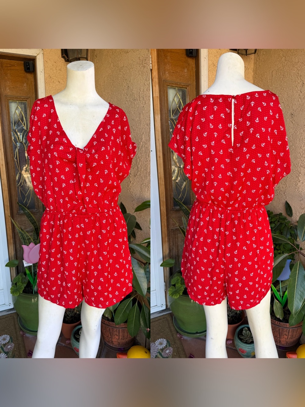 As U Wish Red Anchor-Print Romper LARGE